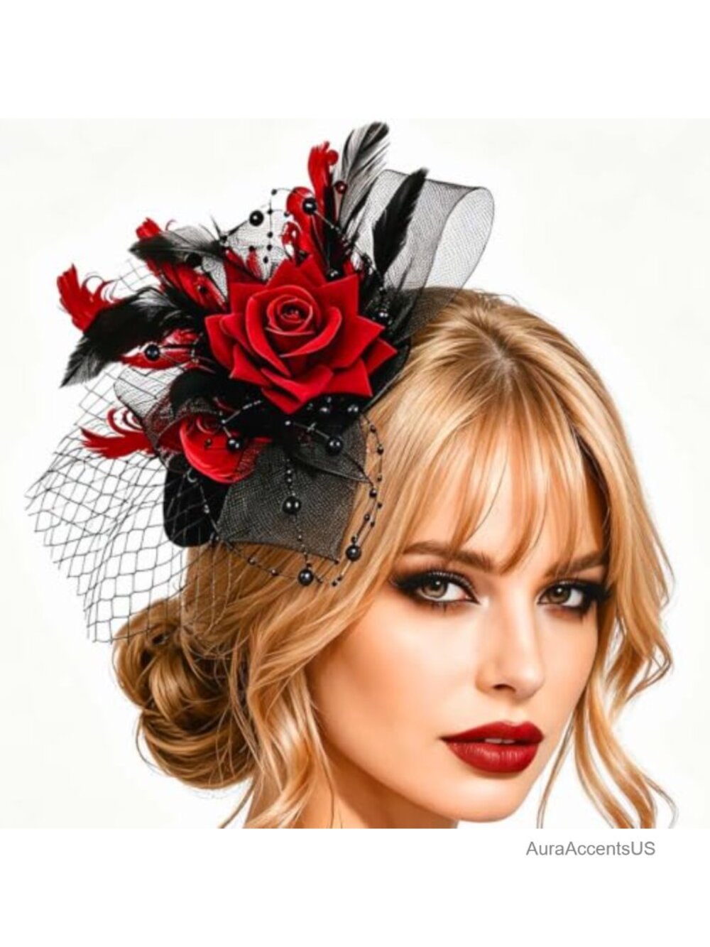 Rose Feather Fascinator Hair Clip Tulle Net Veil Gothic Costume Accessory